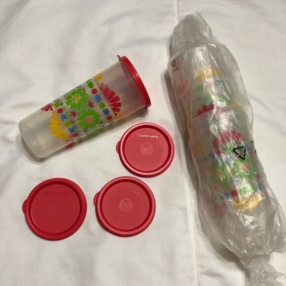 Tupperware 16oz Floral Tumblers with Pink Lids Set of Four NEW! - Picture 1 of 7
